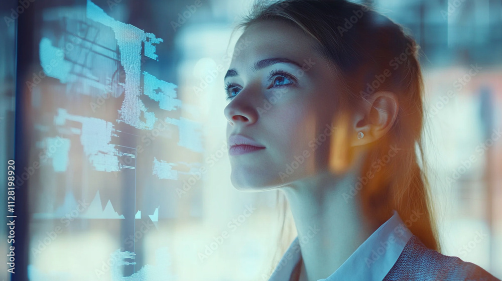 Thoughtful young woman gazing at digital data screen with futuristic graphics in modern office setting, contemplating technology and innovation possibilities Thoughtful young woman gazing at digital data screen with futuristic graphics in modern office setting, contemplating technology and innovation possibilities