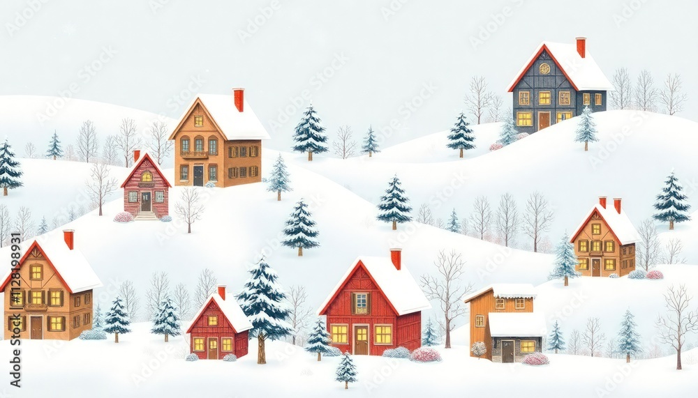 winter landscape with houses and trees or landscape with houses winter. 
