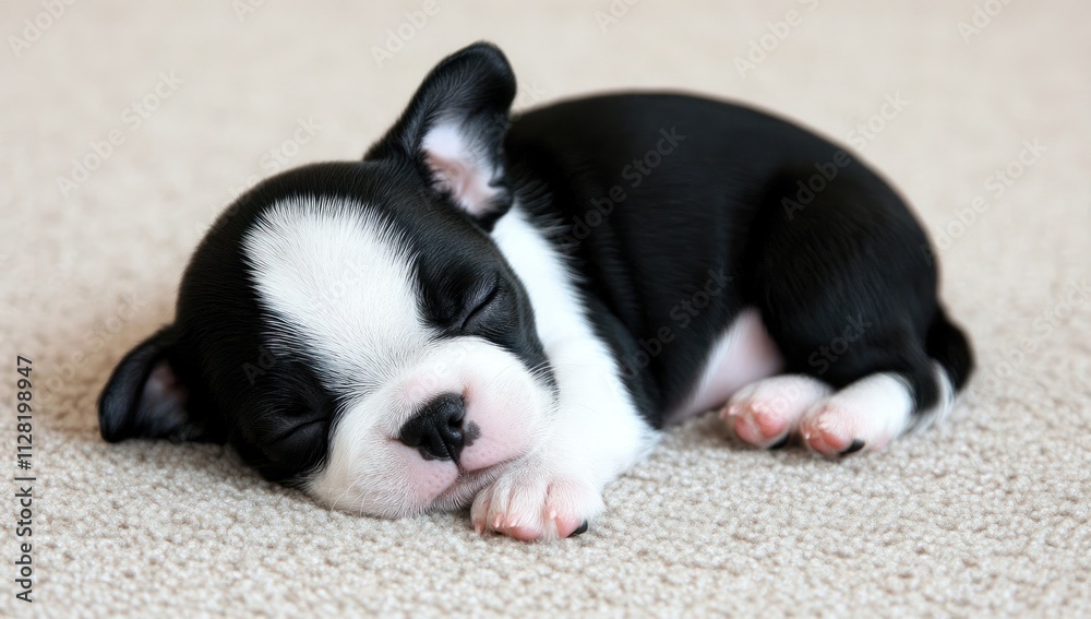 A sleeping puppy curled up peacefully on a soft surface. A sleeping puppy curled up peacefully on a soft surface.