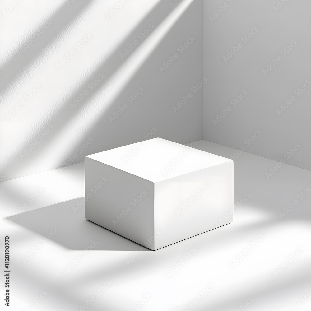 Minimalist white cube object in bright natural light indoor space still life contemporary design aesthetic concept Minimalist white cube object in bright natural light indoor space still life contemporary design aesthetic concept