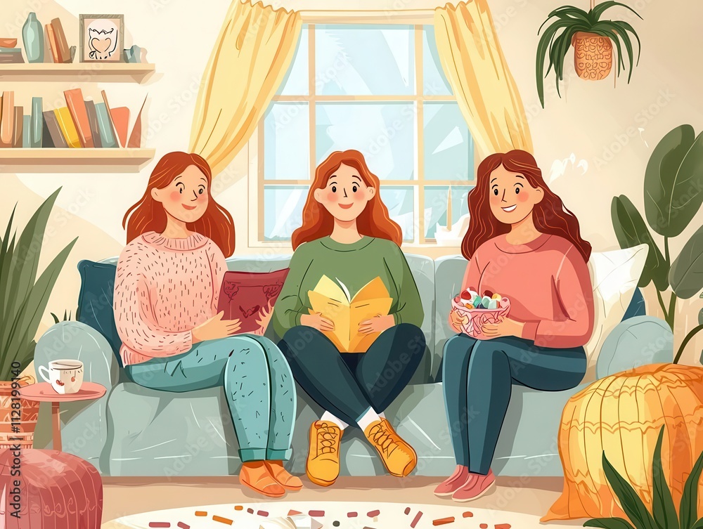 Friends watching a romantic comedy for Galentine's Day, cozy living room setting, flat design illustration Friends watching a romantic comedy for Galentine's Day, cozy living room setting, flat design illustration