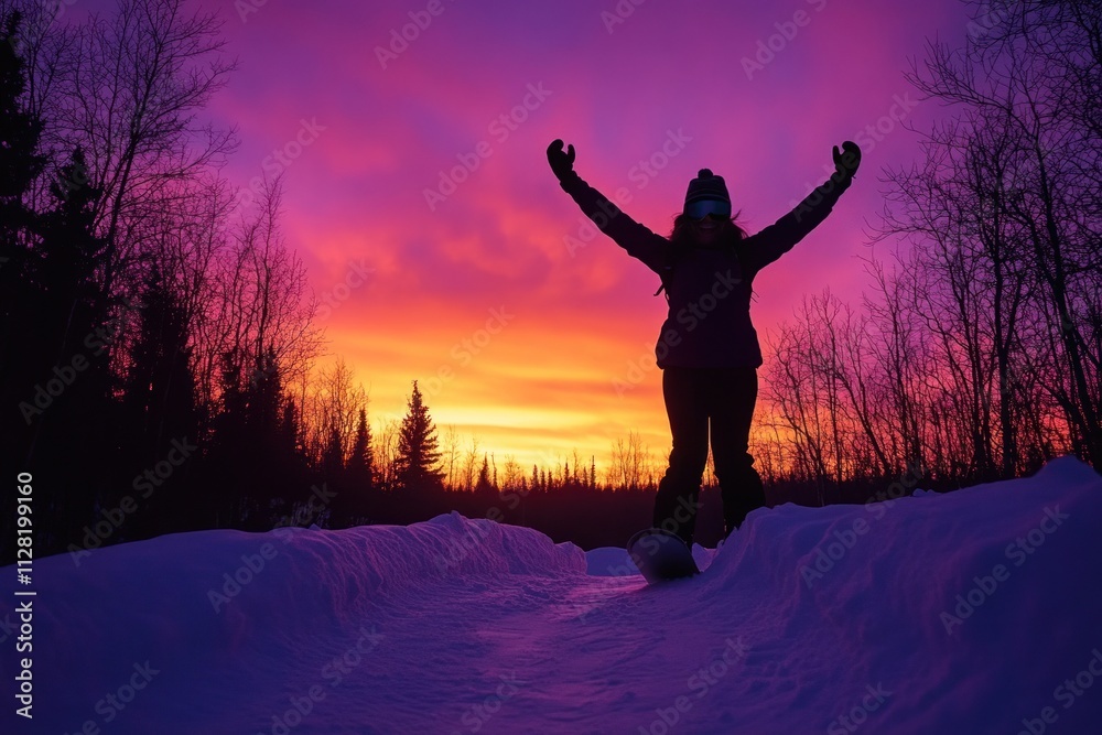 A silhouette of a person celebrating against a vibrant sunset in a snowy landscape. A silhouette of a person celebrating against a vibrant sunset in a snowy landscape.
