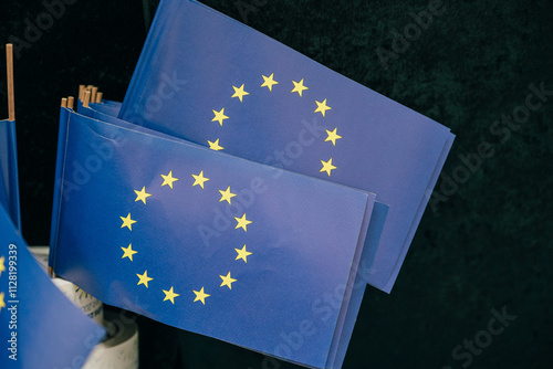 Das Foto zeigt mehrere kleine Europaflaggen, die ordentlich arrangiert sind. Die Flaggen haben einen blauen Hintergrund mit einem Kreis aus 12 goldenen Sternen.