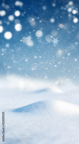 Natural Winter Christmas background with sky, heavy snowfall, snowflakes in different shapes and forms, snowdrifts. Winter landscape with falling christmas shining beautiful snow