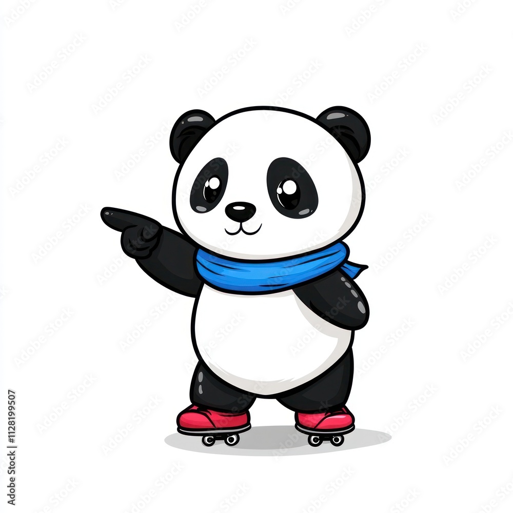 A cute cartoon panda on roller skates, pointing and wearing a blue scarf. A cute cartoon panda on roller skates, pointing and wearing a blue scarf.
