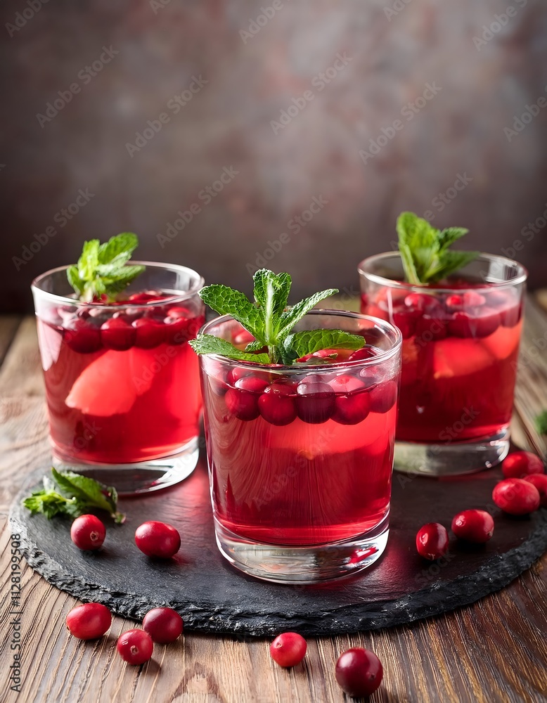 Refreshing cranberry punch served in glassware with fresh berries and sprigs of mint Refreshing cranberry punch served in glassware with fresh berries and sprigs of mint