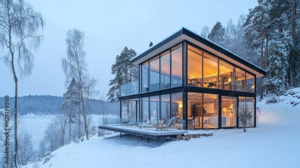 Modern Scandinavian-style winter house, minimalist, glass walls, snowy background Modern Scandinavian-style winter house, minimalist, glass walls, snowy background