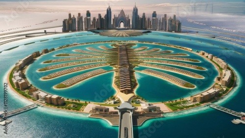 Fototapeta Naklejka Na Ścianę i Meble -  A beautiful city with a large palm tree in the middle