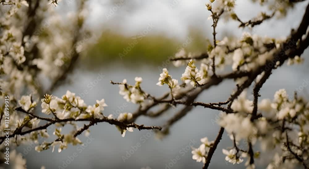 White Blossoms Bloom on Branches Near Water White Blossoms Bloom on Branches Near Water