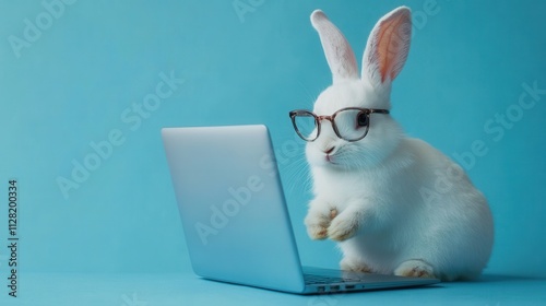 Close-up of cute rabbit with glasses working on a blue laptop against pastel blue background