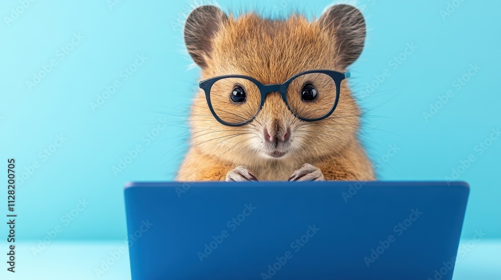 Close-up of cute quokka with glasses working on a blue laptop against pastel blue background Close-up of cute quokka with glasses working on a blue laptop against pastel blue background
