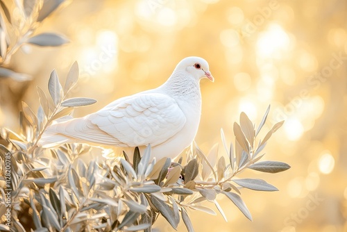 A Eurasian Collared Dove perches on a wooden branch, its soft white feathers contrasting against the green foliage photo