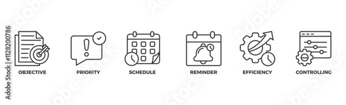 Time management banner web icon vector illustration concept with icon of objective, priority, schedule, reminder, efficiency, alerts, and controlling	