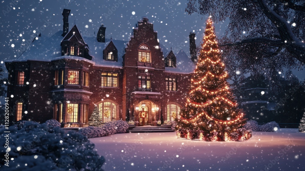 Luxury Christmas night scene with grand mansion, beautifully decorated tree, soft snowfall