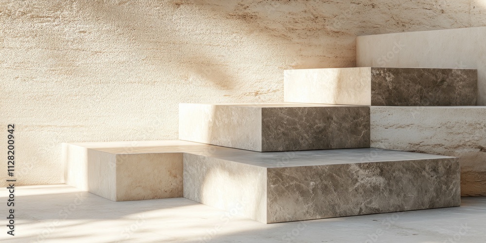 A modern staircase with varying stone textures and natural light.