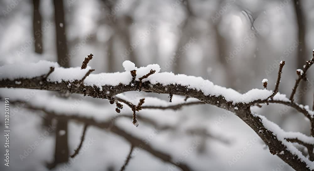 Winter's Embrace: Snow-Covered Branches in a Tranquil Forest Scene Winter's Embrace: Snow-Covered Branches in a Tranquil Forest Scene