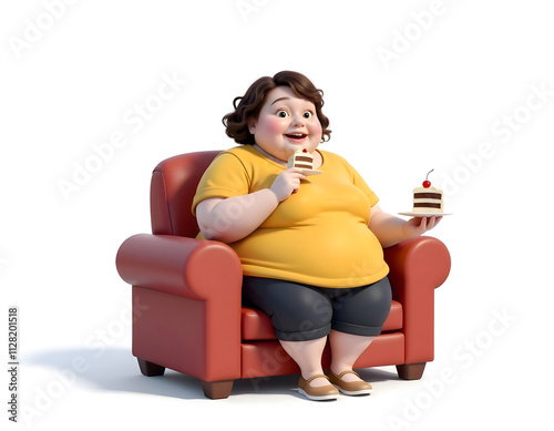 Happy Plus Size Woman Enjoying Delicious Cake on a Cozy Red Armchair in a Light Studio Setting photo