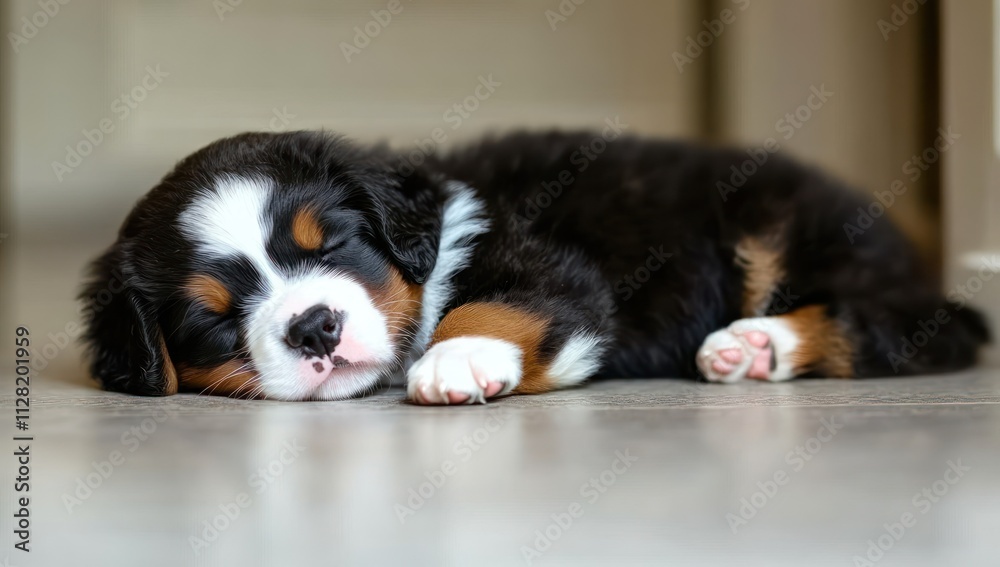 A sleeping puppy peacefully rests on a floor, showcasing its adorable features. A sleeping puppy peacefully rests on a floor, showcasing its adorable features.