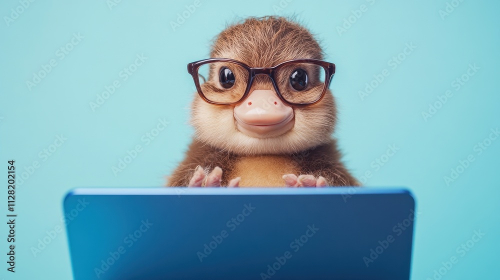 Close-up of cute platypus with glasses working on a blue laptop against pastel blue background Close-up of cute platypus with glasses working on a blue laptop against pastel blue background