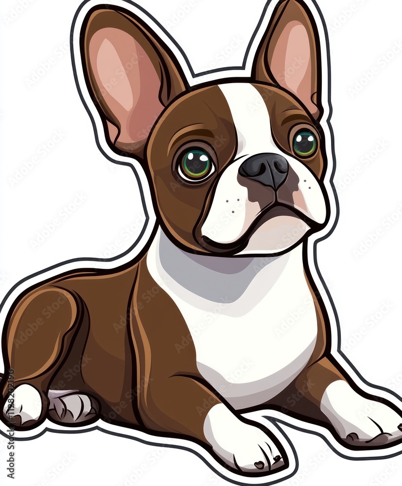 A cartoon illustration of a brown and white dog lying down with green eyes. A cartoon illustration of a brown and white dog lying down with green eyes.