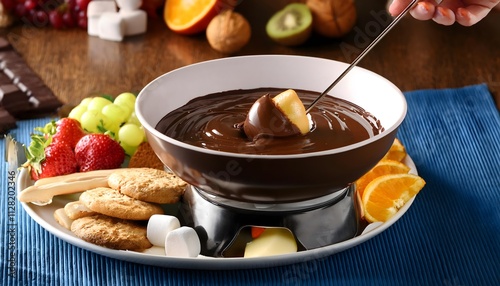 Rich chocolate fondue served with fruits, marshmallows, and cookies for dipping