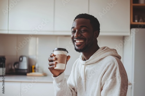 smiling man is drinking his morning coffee in his kitchen