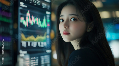 Young Woman Analyzing Stock Market Trends with Graphs and Data Visualizations in Modern Financial Trading Environment