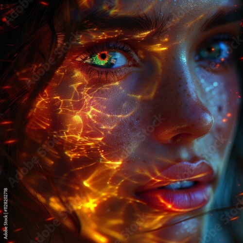 Enchanting Close-Up Portrait of Woman with Illuminating Abstract Light Patterns on Freckled Face and Vibrant Eyes in Dreamlike Ambiance