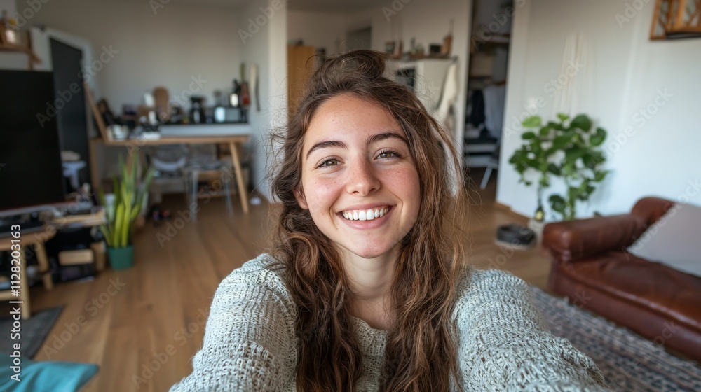 smiling young woman is taking a selfie on her new apartement smiling young woman is taking a selfie on her new apartement