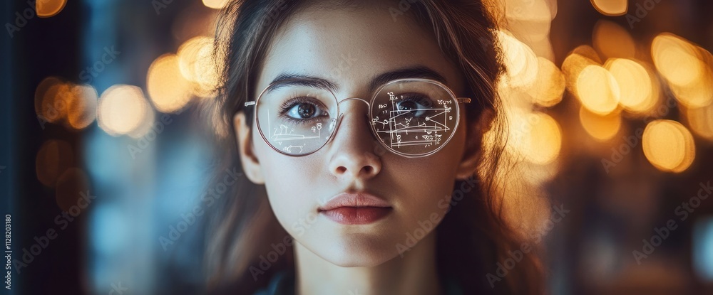 A close-up portrait of a young woman wearing glasses, reflecting lights in the lenses.