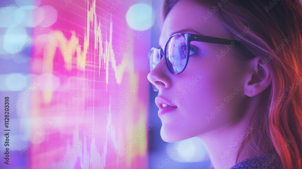 Young Woman Analyzing Stock Trends on a Digital Screen with Vibrant Colors and Financial Graphs in a Modern Office Environment Young Woman Analyzing Stock Trends on a Digital Screen with Vibrant Colors and Financial Graphs in a Modern Office Environment