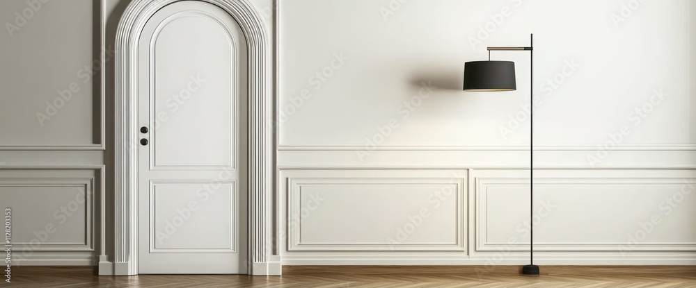 Minimalist interior featuring a door and a floor lamp against a plain wall. Minimalist interior featuring a door and a floor lamp against a plain wall.