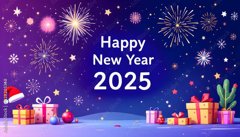 Happy New Year 2025 Festive Celebration Fireworks Gifts Presents Night Sky Winter Holiday Season Greetings Card Happy New Year 2025 Festive Celebration Fireworks Gifts Presents Night Sky Winter Holiday Season Greetings Card