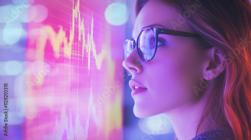 Young Woman Analyzing Stock Trends on a Digital Screen with Vibrant Colors and Financial Graphs in a Modern Office Environment