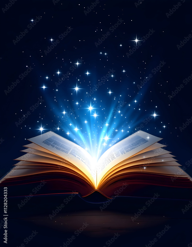 Magical Open Book with Glowing Stars and Celestial Light Beams Magical Open Book with Glowing Stars and Celestial Light Beams