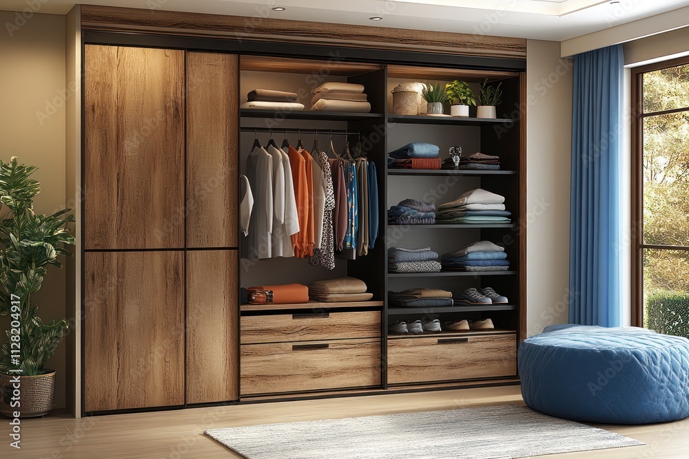 Modern wooden sliding door wardrobe with clothes, shelves, and drawers in a bright bedroom. Modern wooden sliding door wardrobe with clothes, shelves, and drawers in a bright bedroom.