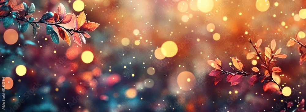 A dreamy background of colorful leaves and glowing orbs, creating a serene atmosphere. A dreamy background of colorful leaves and glowing orbs, creating a serene atmosphere.