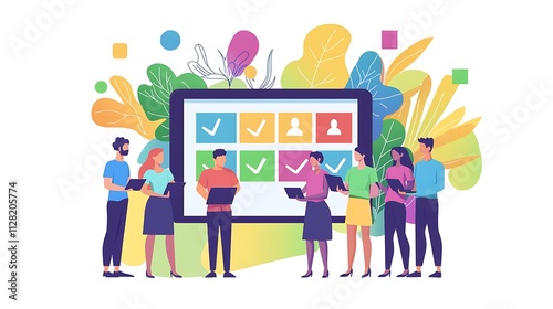 A group of people are standing around a large screen with a check mark on it