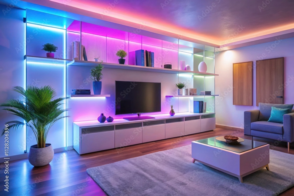 A sleek, modern living room bathed in vibrant pink and blue neon lighting, featuring minimalist furniture and a large flat-screen TV A sleek, modern living room bathed in vibrant pink and blue neon lighting, featuring minimalist furniture and a large flat-screen TV