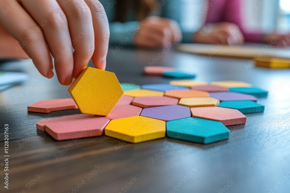 A hand places a yellow hexagon on a colorful hexagonal puzzle on a table. A hand places a yellow hexagon on a colorful hexagonal puzzle on a table.