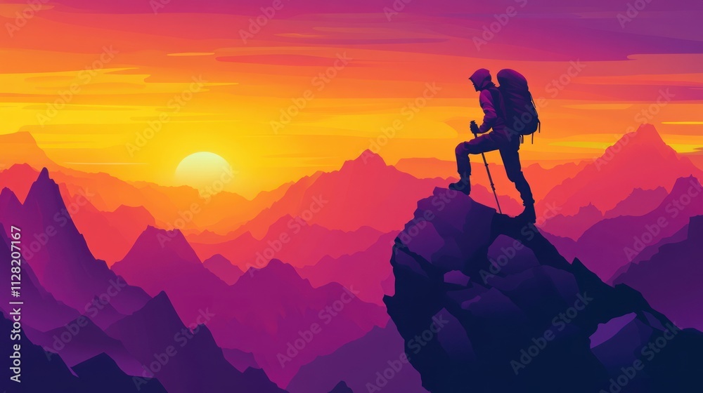 Obraz premium A climber silhouetted against a vibrant sunset over mountainous terrain.