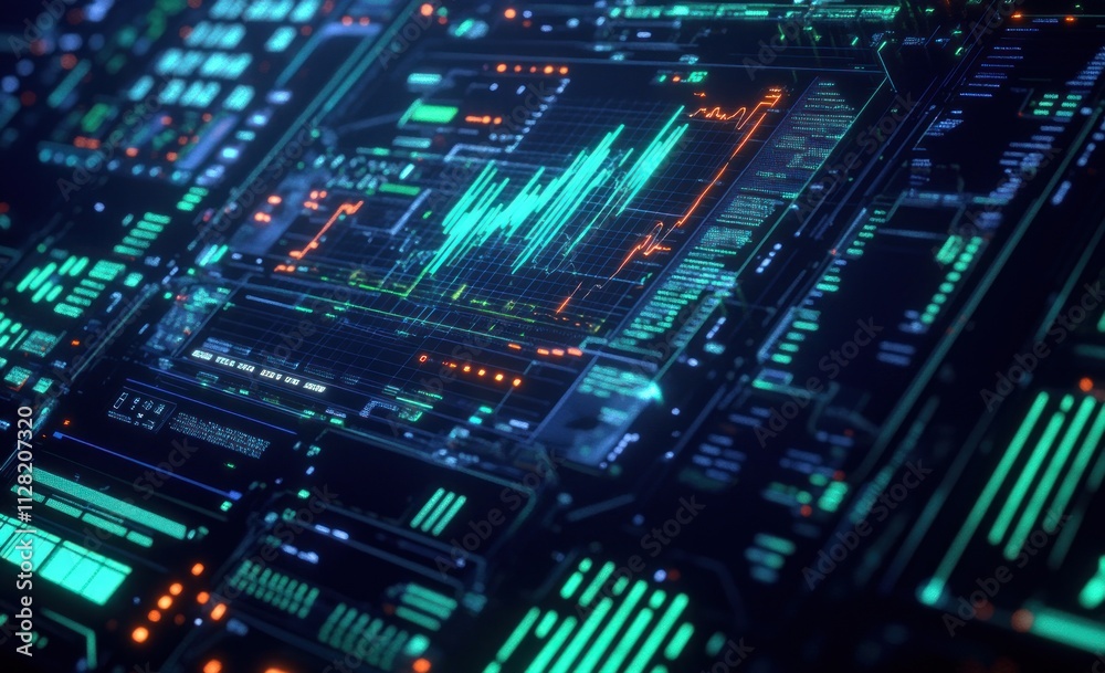 Abstract digital interface with vibrant data visualizations and circuit patterns. Abstract digital interface with vibrant data visualizations and circuit patterns.