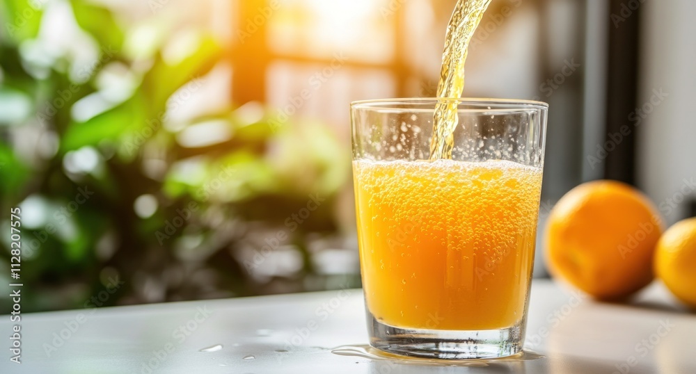 A refreshing orange beverage being poured into a glass, with oranges nearby and a green backdrop. A refreshing orange beverage being poured into a glass, with oranges nearby and a green backdrop.
