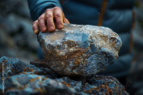 Hand Gripping Large Rough Stone Amidst Rocky Terrain, Showcasing Textures and Strong, Resilient Natural Elements in Outdoor SettingHand