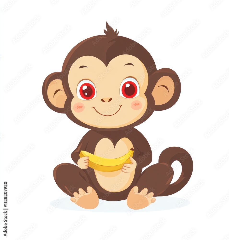 A cute cartoon monkey sitting and holding a banana, smiling happily. A cute cartoon monkey sitting and holding a banana, smiling happily.