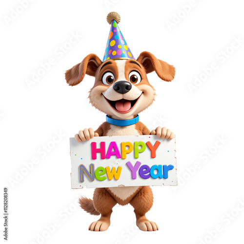 A cute 3d happy dog cartoon with party hat holding 'HAPPY New Year' sign board isolated on a transparent background, Festive and New Year celebration