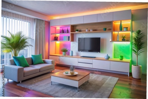 Wallpaper Mural A living room with a tv and a tv with neon lights on the wall Torontodigital.ca