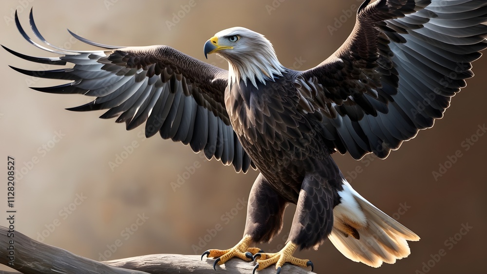 Obraz premium A majestic bald eagle perches on a weathered branch, its wings spread wide. Its piercing gaze and powerful talons suggest a fierce and independent spirit.