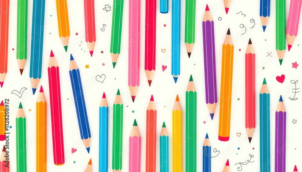pattern of colored pencils arranged in various directions against a white background. The pencils come in a variety of colors, including red, orange, yellow, green, blue, and pink, creating a cheerful pattern of colored pencils arranged in various directions against a white background. The pencils come in a variety of colors, including red, orange, yellow, green, blue, and pink, creating a cheerful