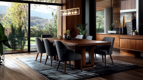 Modern dining room with wooden table, chairs, and large windows overlooking a scenic landscape.